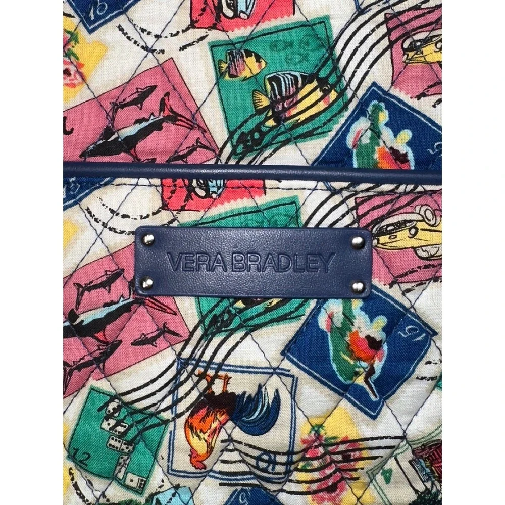 Vera Bradley RETIRED Cuban stamps from Paradise Quilted Tote Bag Navy Blue